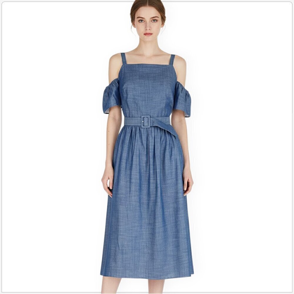 One Fifty Third Blue Chambray Denim Look Off Shoulder Belted Dress Sample New 4